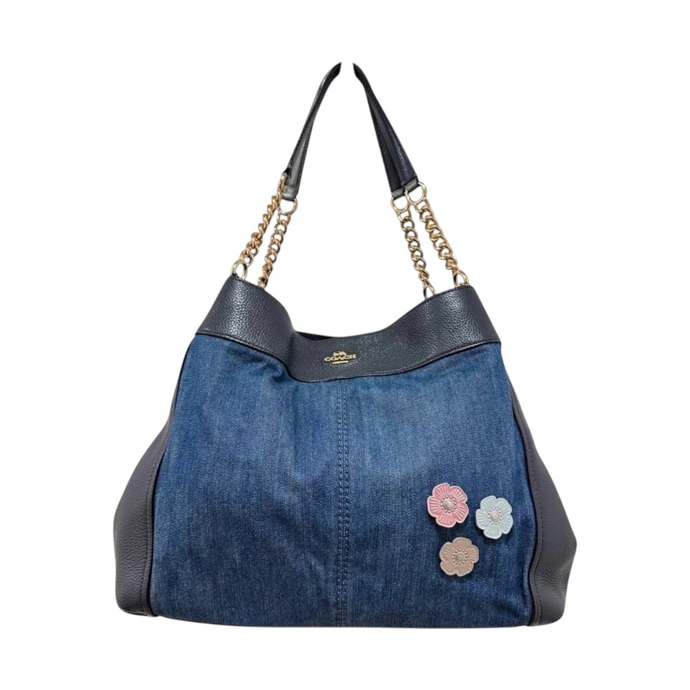 Coach Lexy Shoulder Bag Denim Tea Rose Floral Appliqué Navy Leather F25884